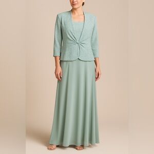 Alex Evenings 2-Piece Formal Gown Set Sage Green 14P Petite Lace Jacket & dress